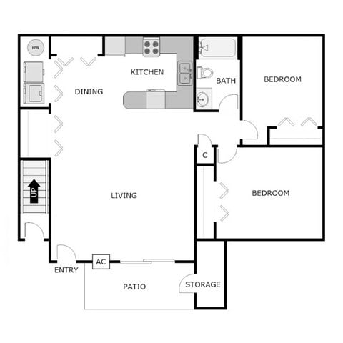 Floor plan for 2 beds, 1 bath, 1055 sqft
